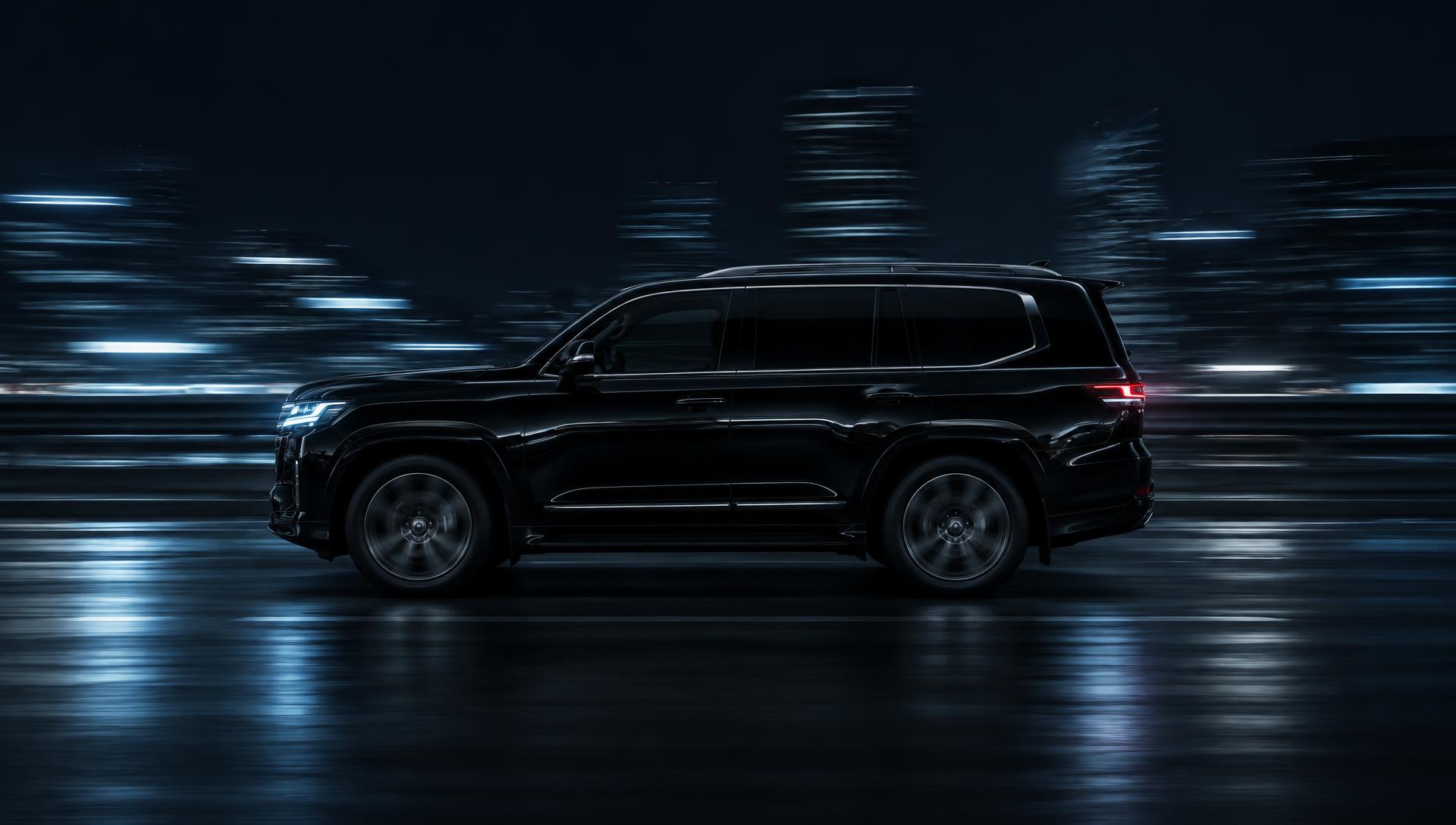 Black luxury SUV in motion